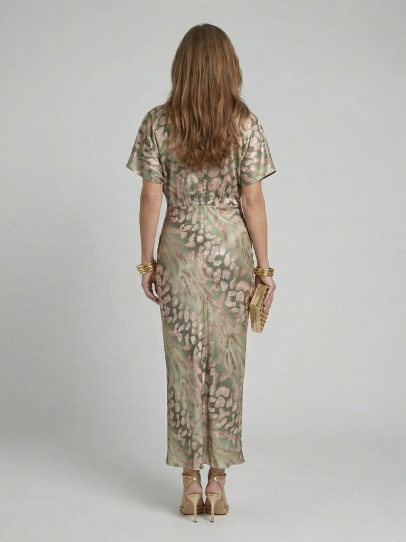 Léonie | Robe Midi Col en V Imprimé Abstrait Taille Torsadée