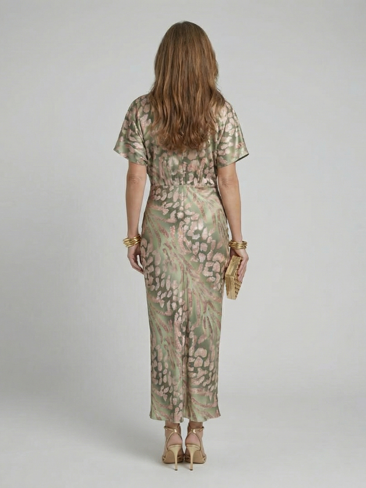 Léonie | Robe Midi Col en V Imprimé Abstrait Taille Torsadée