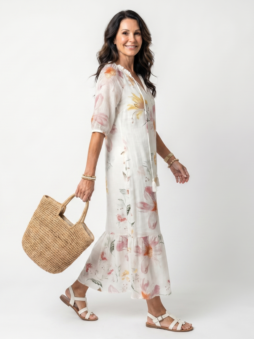 Noa | Robe midi florale douce étagée à pompons