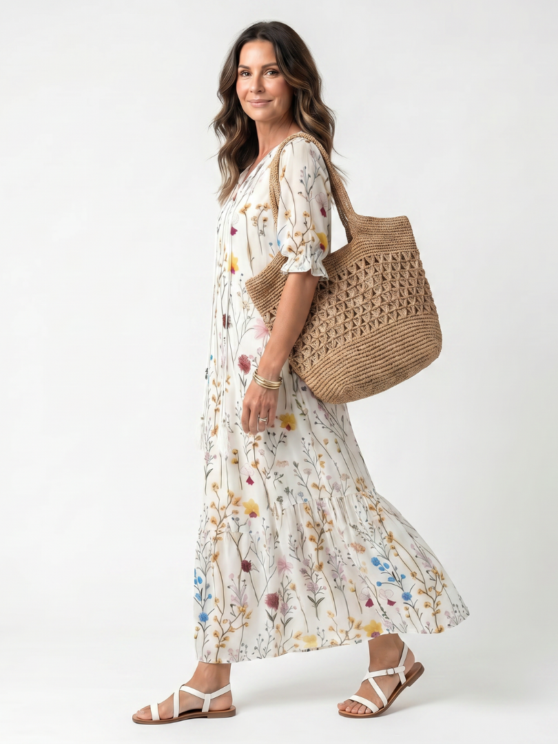 Sylvie | Robe midi à imprimé botanique et liens à pompons