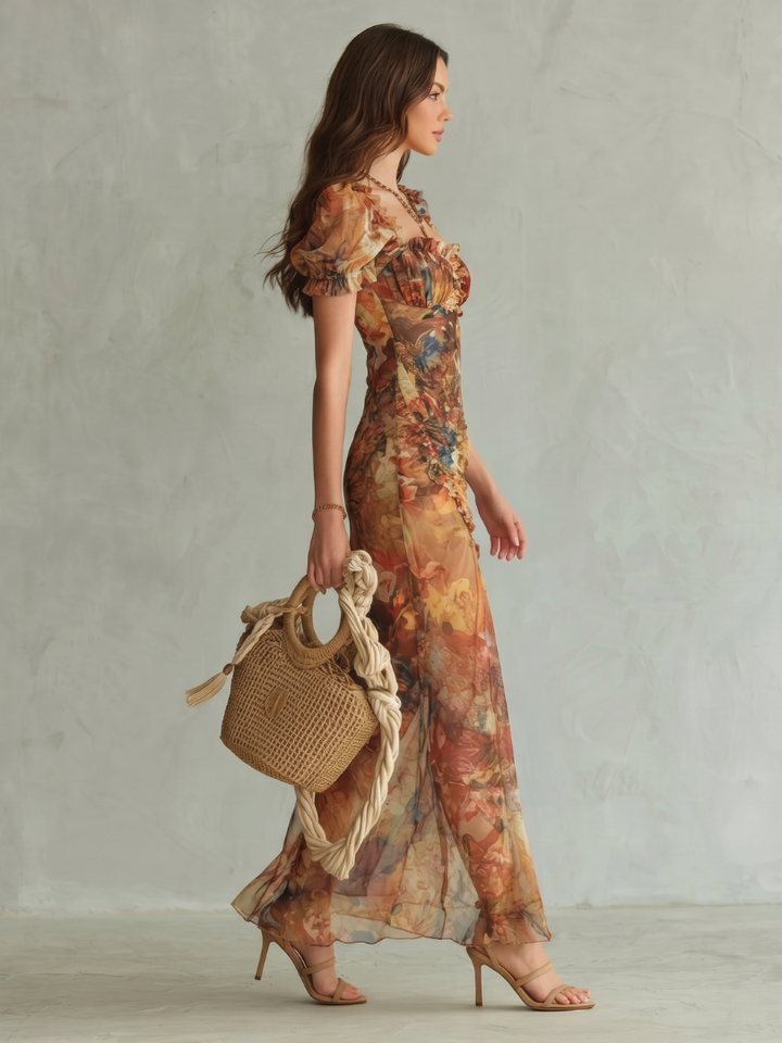 Ciel™ Robe midi à manches à volants, froncée et fendue