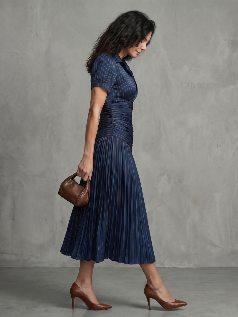 Theodora | Robe Midi à Rayures Taille Plissée