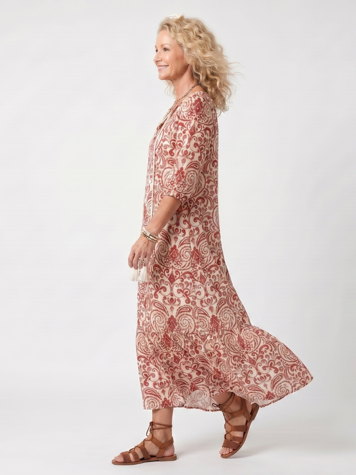 Noelle | Robe midi à imprimé orné et liens à pompons