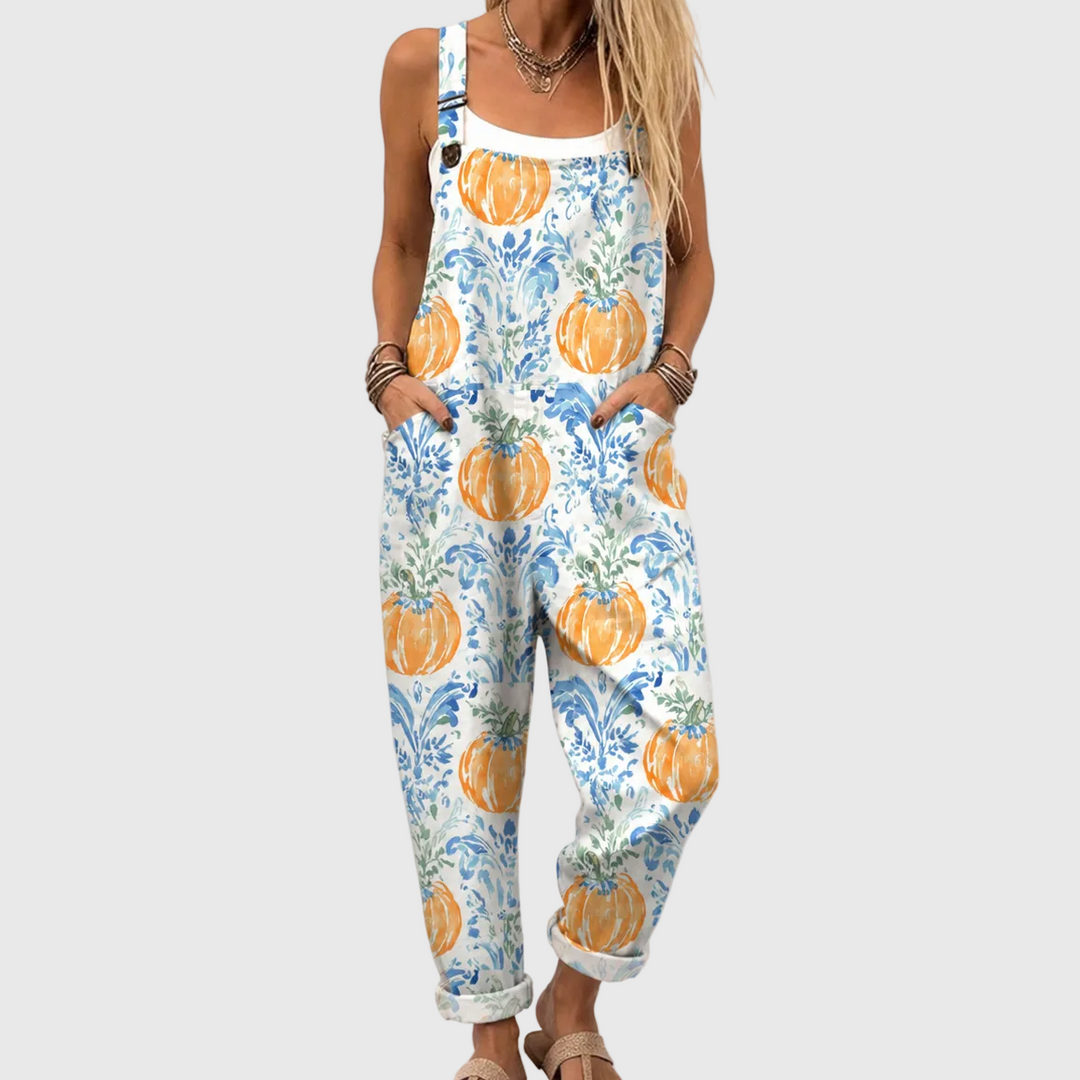 Combinaison souple à motifs de citrouilles et fleurs bleues