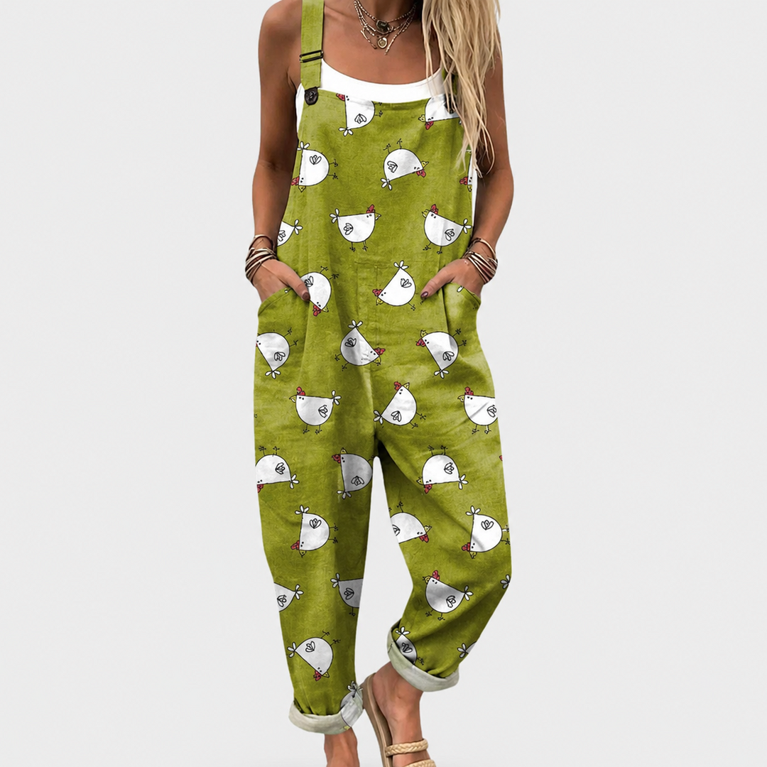 Combinaison souple vert olive à motif poules