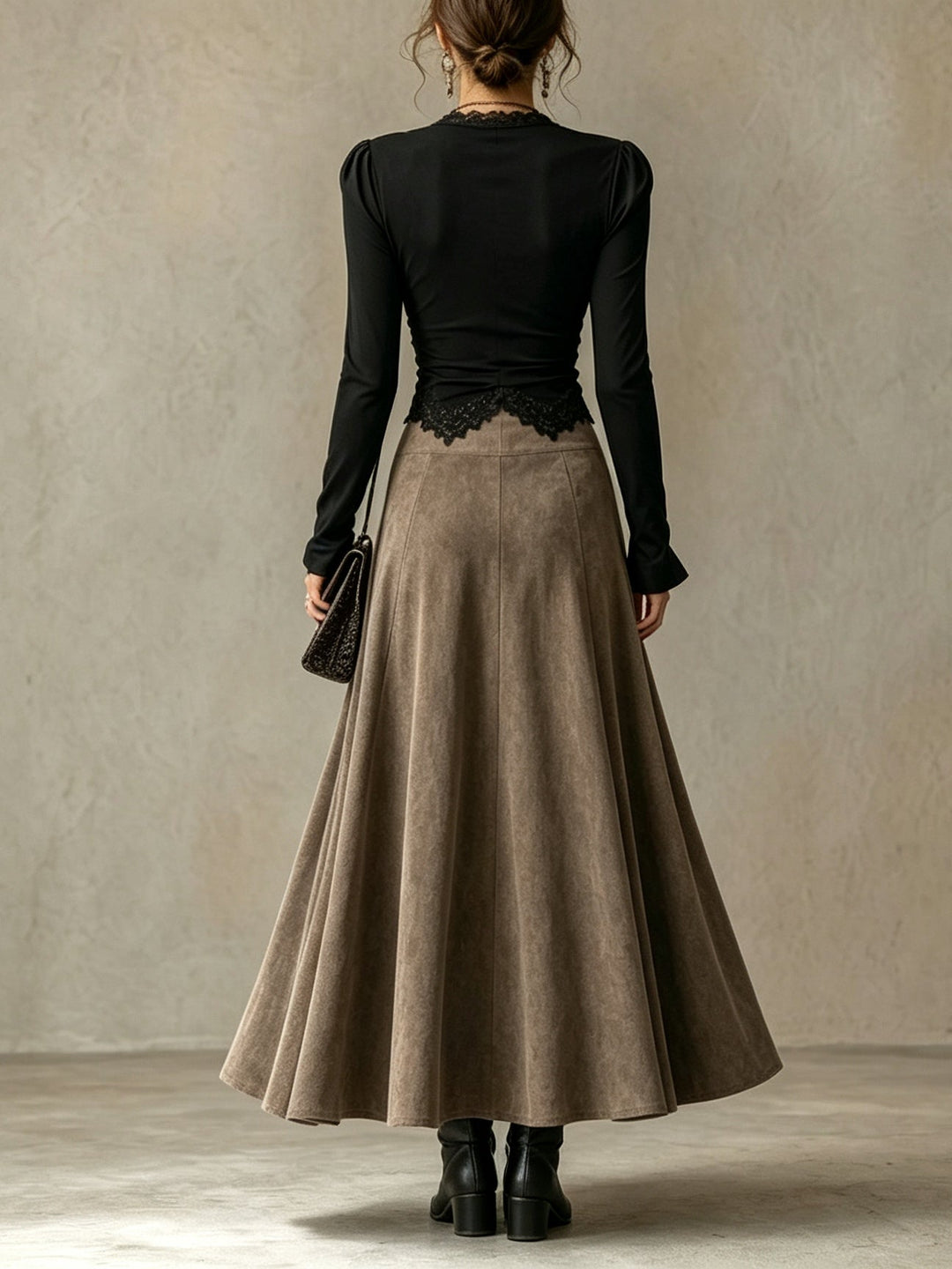 Albane | Ensemble Top en Dentelle et Jupe Maxi Suédine, Noir et Taupe