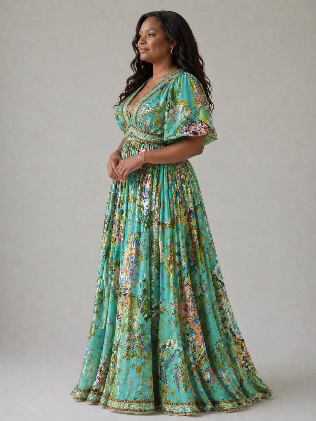 Blanche | Maxi Robe Aérienne Manches Bouffantes Col en V