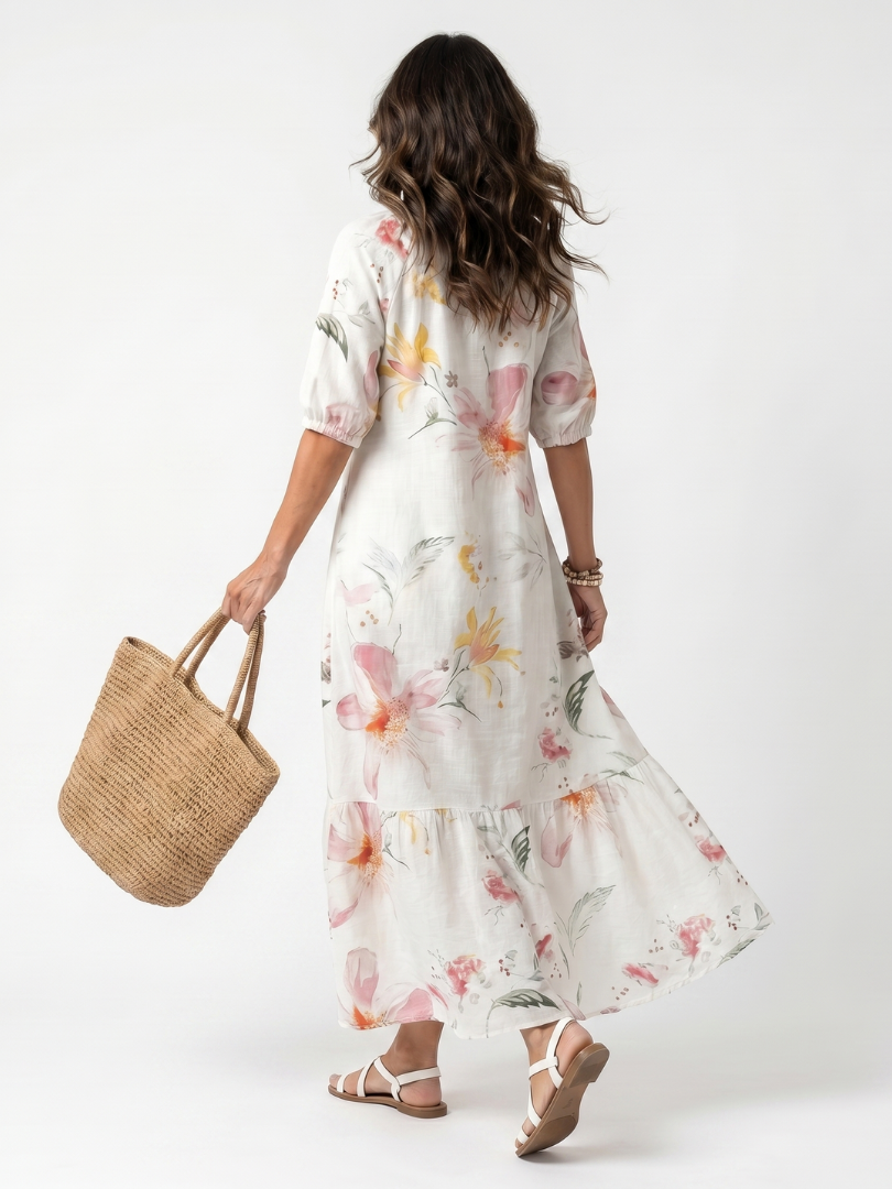 Noa | Robe midi florale douce étagée à pompons