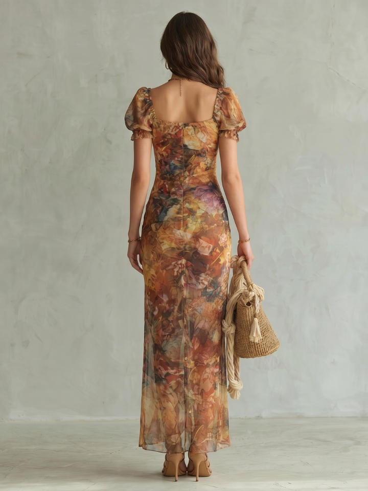 Ciel™ Robe midi à manches à volants, froncée et fendue