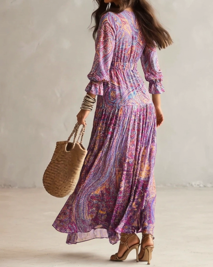 Robe longue en mousseline de soie à imprimé cachemire, décolleté en V et fronces