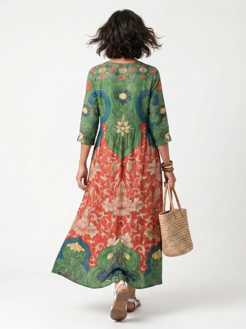 Sloane | Robe midi à col V, imprimé mixte et poches