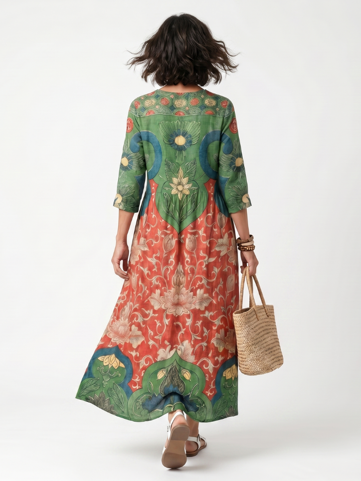 Sloane | Robe midi à col V, imprimé mixte et poches