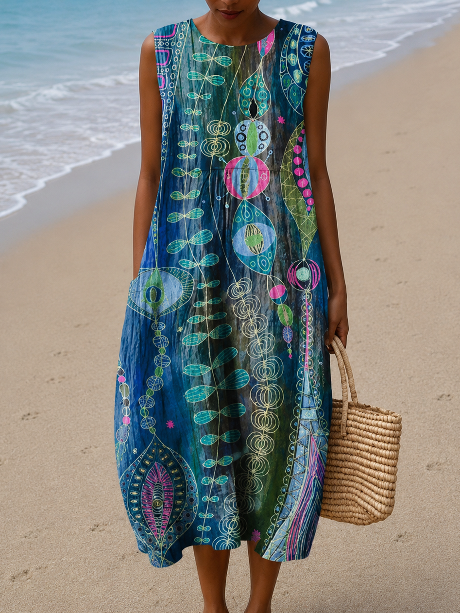 Anna - Robe midi de plage ample imprimée sans manches pour femme