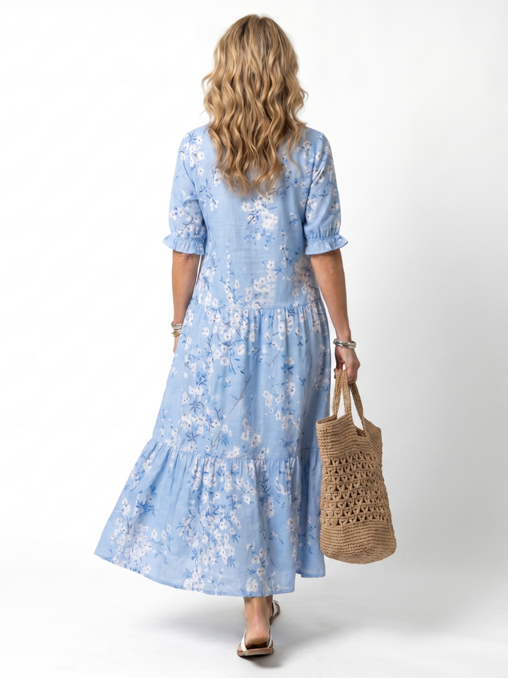 Alora | Robe midi à imprimé floral et liens à pompons