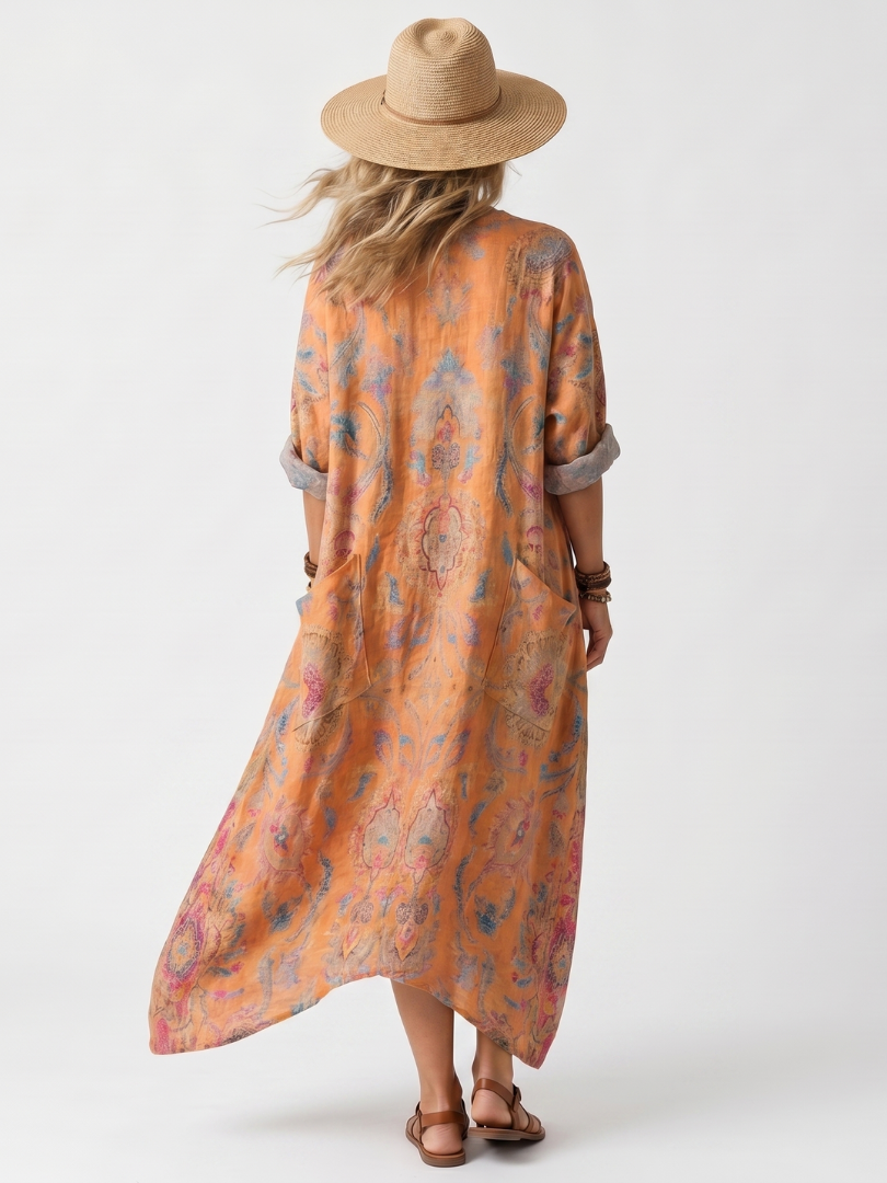 Remi | Robe midi oversize à poches, col échancré et imprimé