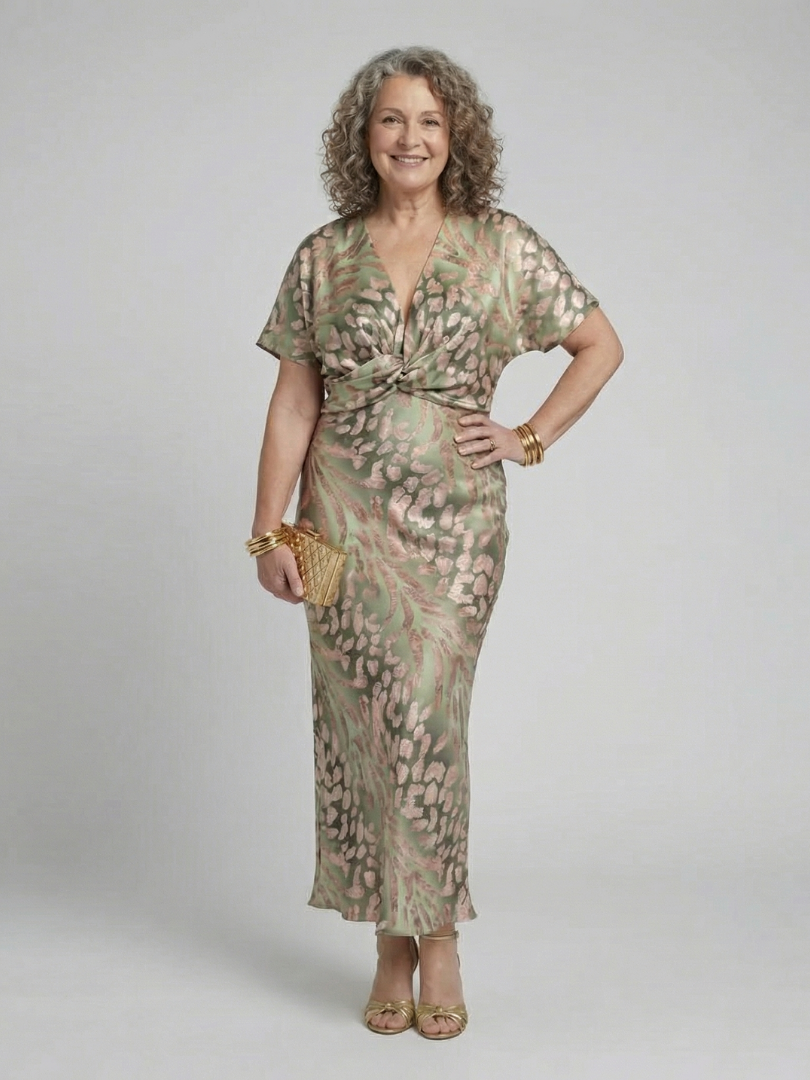 Léonie | Robe Midi Col en V Imprimé Abstrait Taille Torsadée