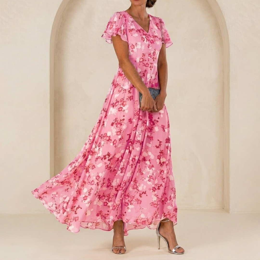 Léonie | Robe Maxi Fluide à Col Portefeuille et Manches Voilées