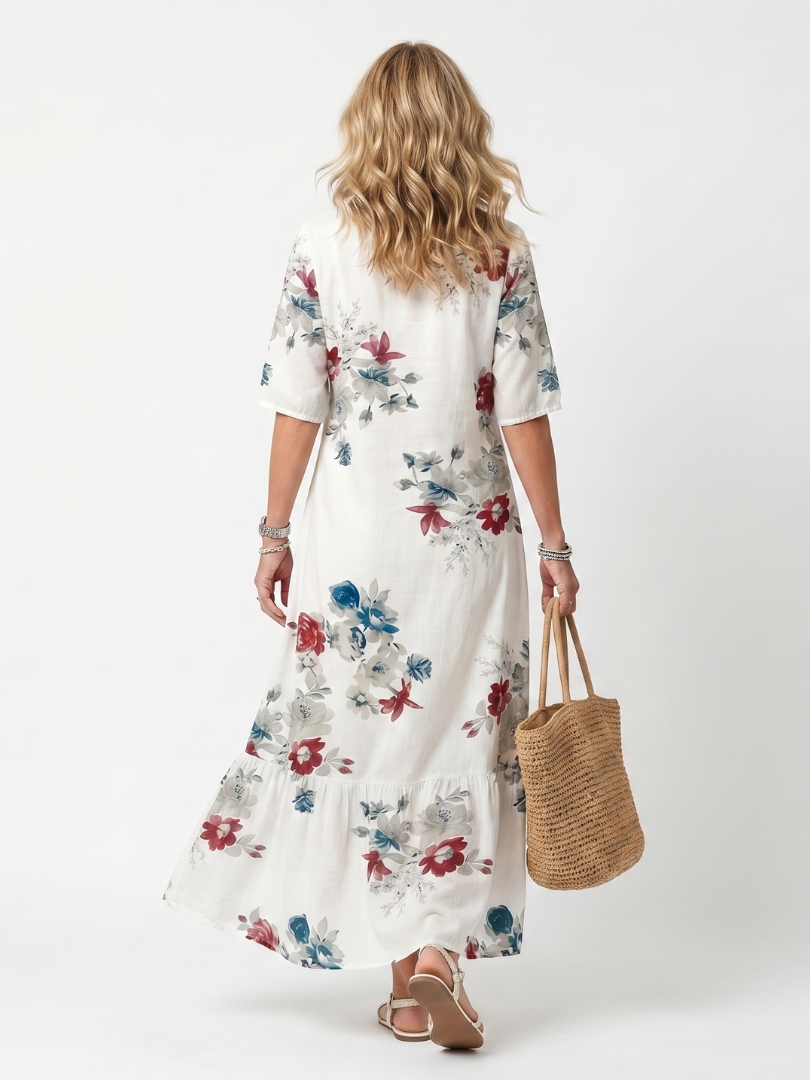 Maeva | Robe midi à fleurs éparses et liens à pompons