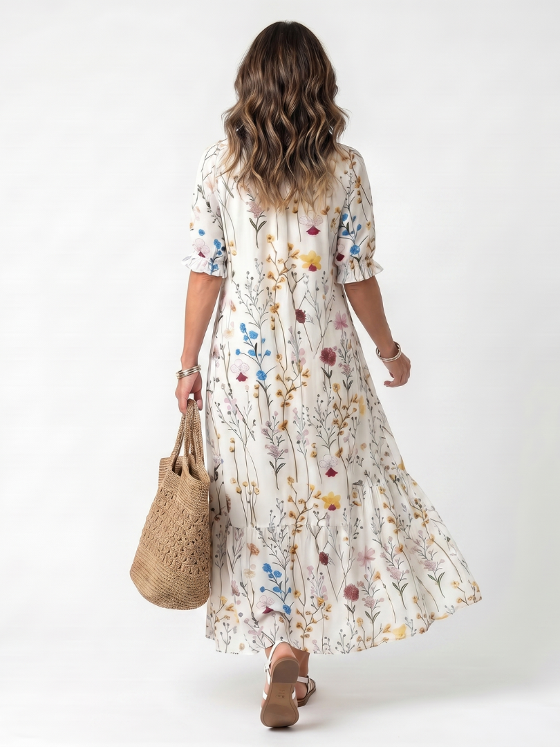 Sylvie | Robe midi à imprimé botanique et liens à pompons
