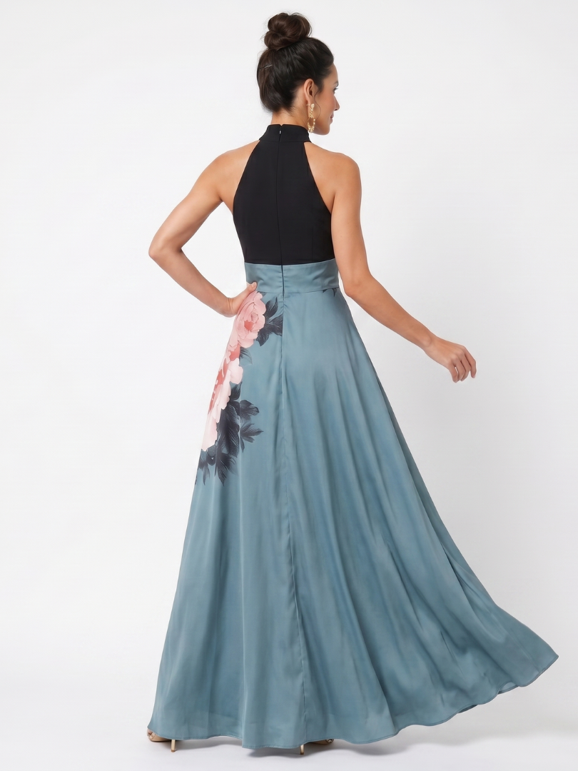 Olympas™ Robe longue à bustier dos-nu et jupe fleurie