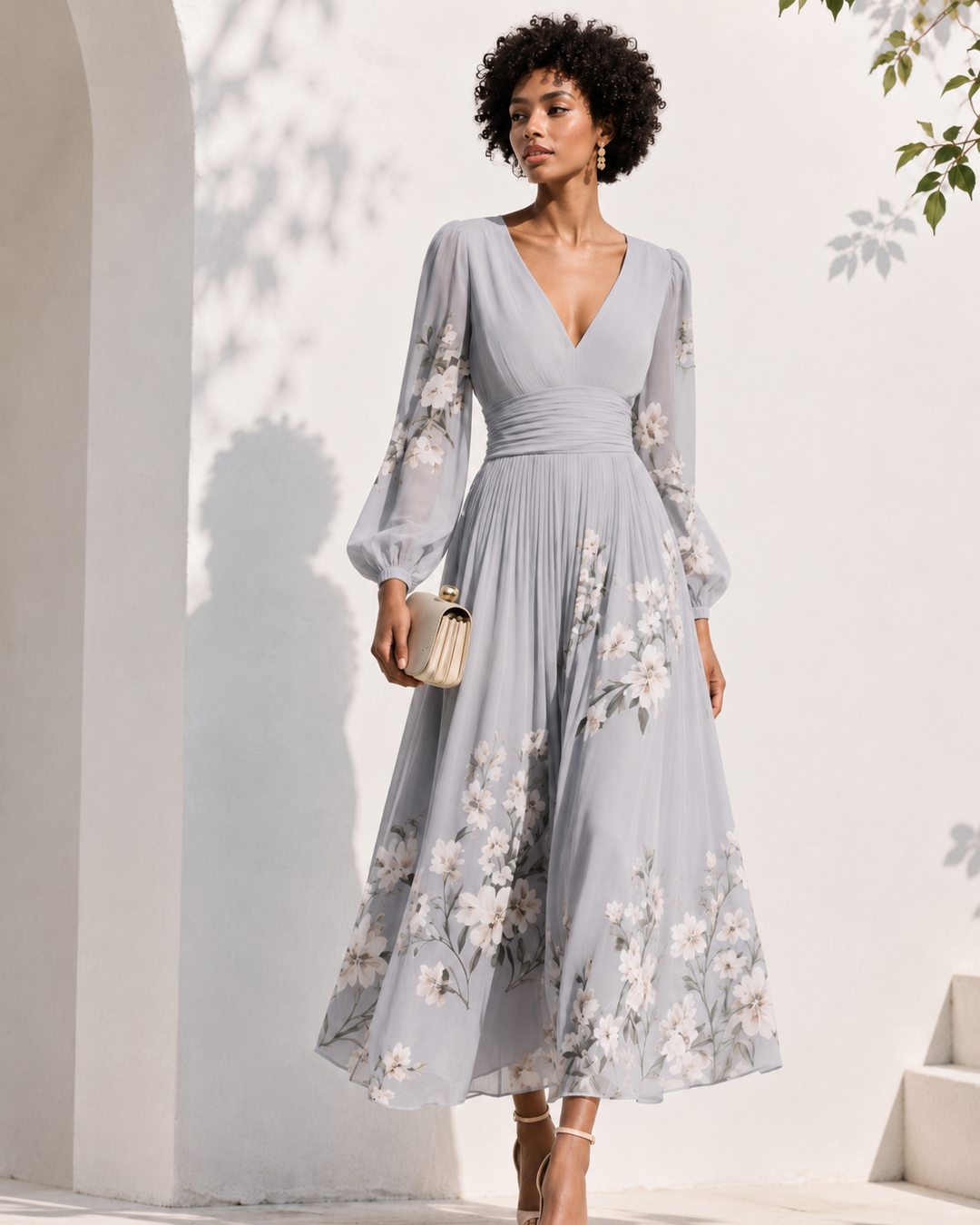 Robe longue élégante pour femme, avec un décolleté en V profond et des manches longues