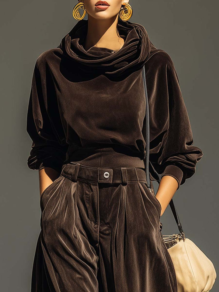 Ensemble vintage marron en velours avec sweat à capuche et pantalon ample (ceinture incluse)