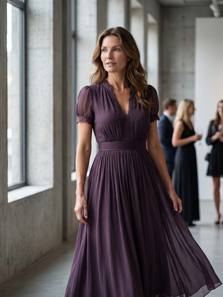 Elia | Maxi Robe Taille Froncée Découpe Goutte d’Eau