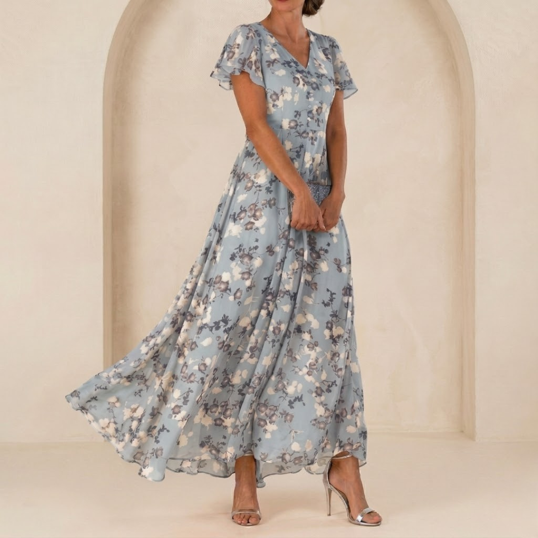 Léonie | Robe Maxi Fluide à Col Portefeuille et Manches Voilées