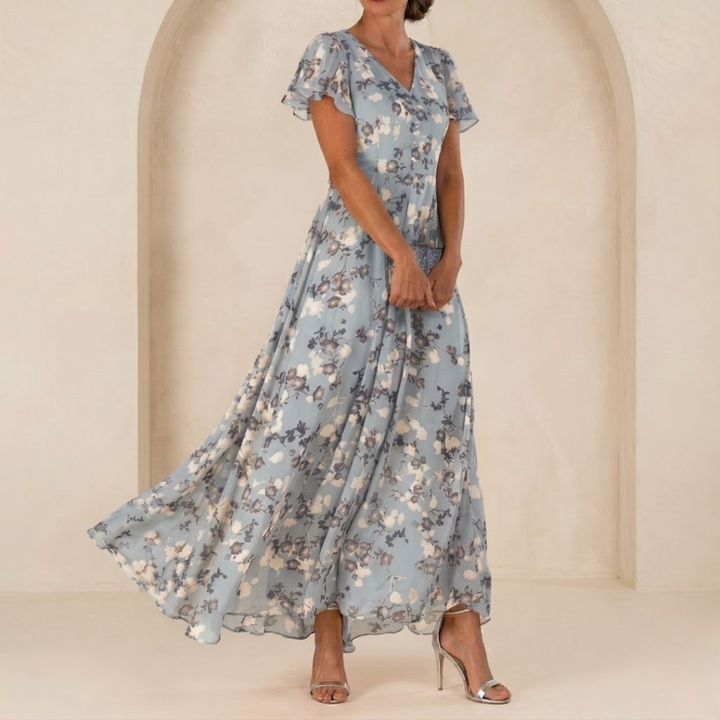 Léonie | Robe Maxi Fluide à Col Portefeuille et Manches Voilées