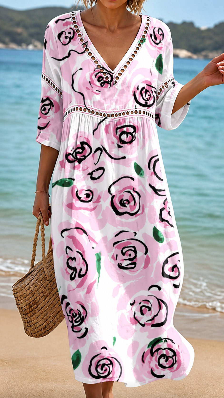 Robe de plage fluide à imprimé de roses
