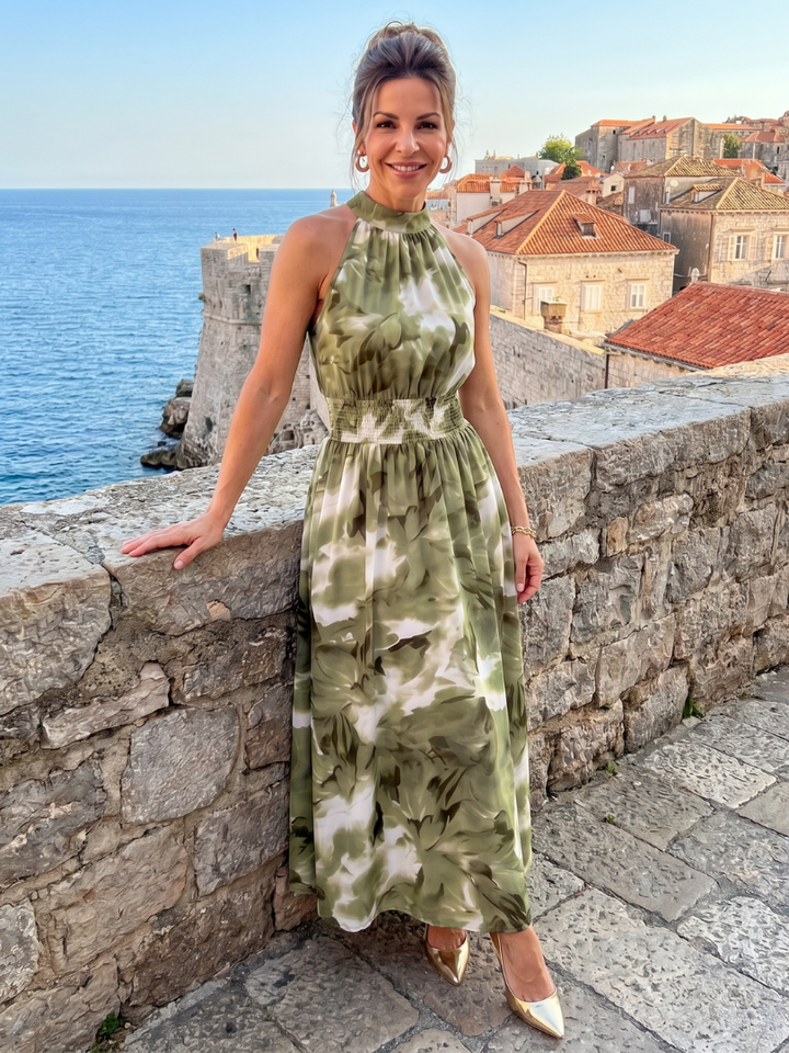 Olivia™ Robe midi à taille froncée et imprimé abstrait