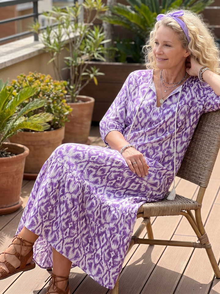 Penelope | Robe midi imprimée à nouer à pompons