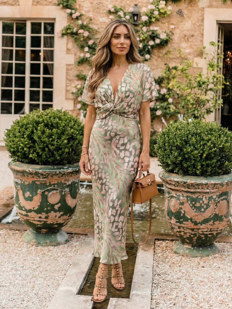 Léonie | Robe Midi Col en V Imprimé Abstrait Taille Torsadée