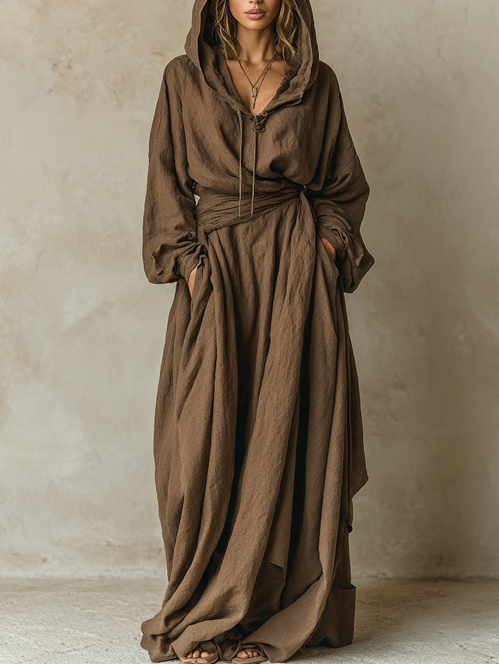 Robe longue ample marron à capuche