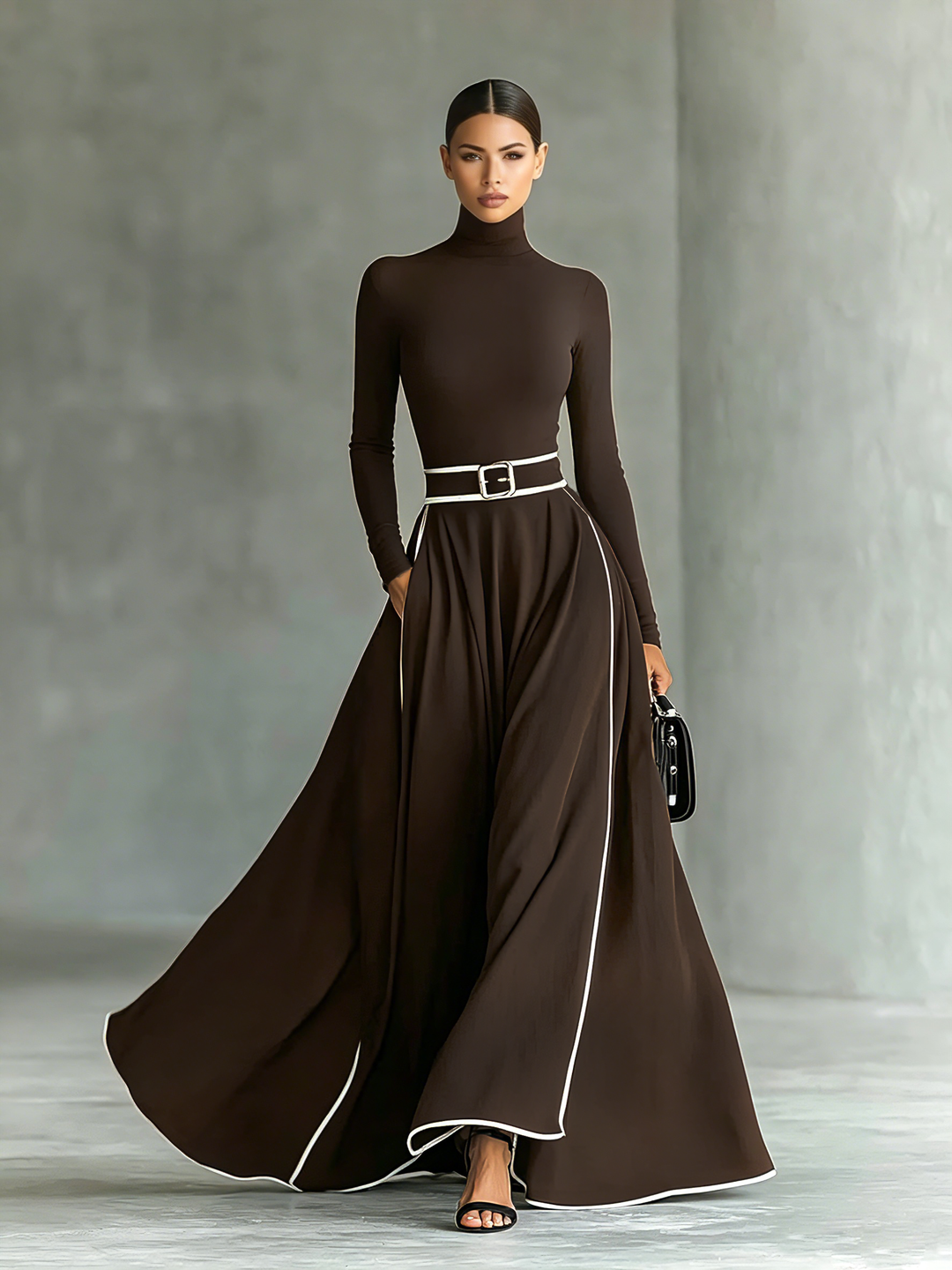 Colette | Robe Maxi Femme Noire à Coutures Blanches et Col Monté, Manches Longues, Taille Cintrée