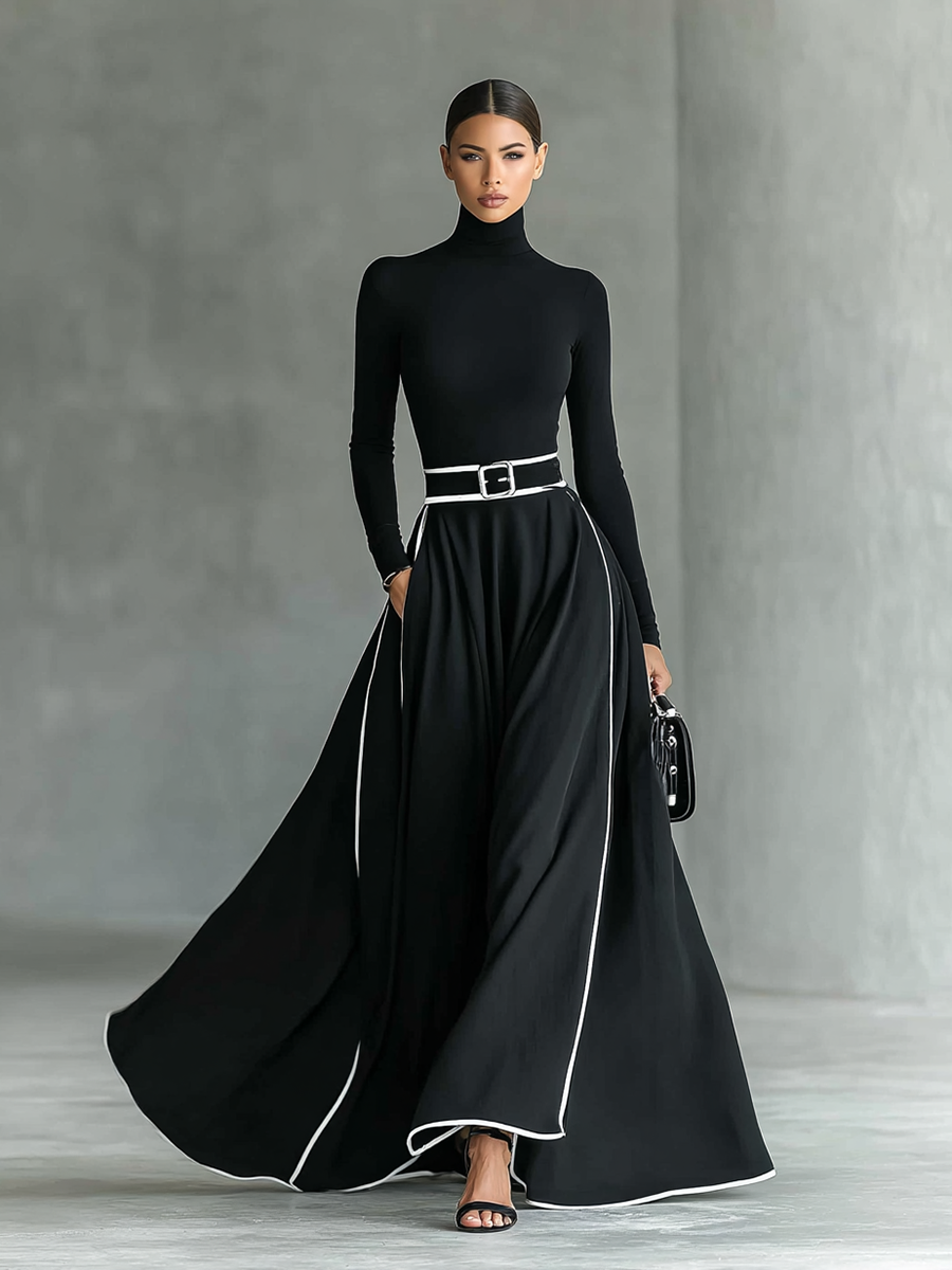Colette | Robe Maxi Femme Noire à Coutures Blanches et Col Monté, Manches Longues, Taille Cintrée