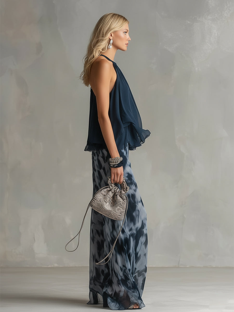 Ludovica – Ensemble élégant en mousseline avec haut à col montant et pantalon imprimé à jambes larges • S1
