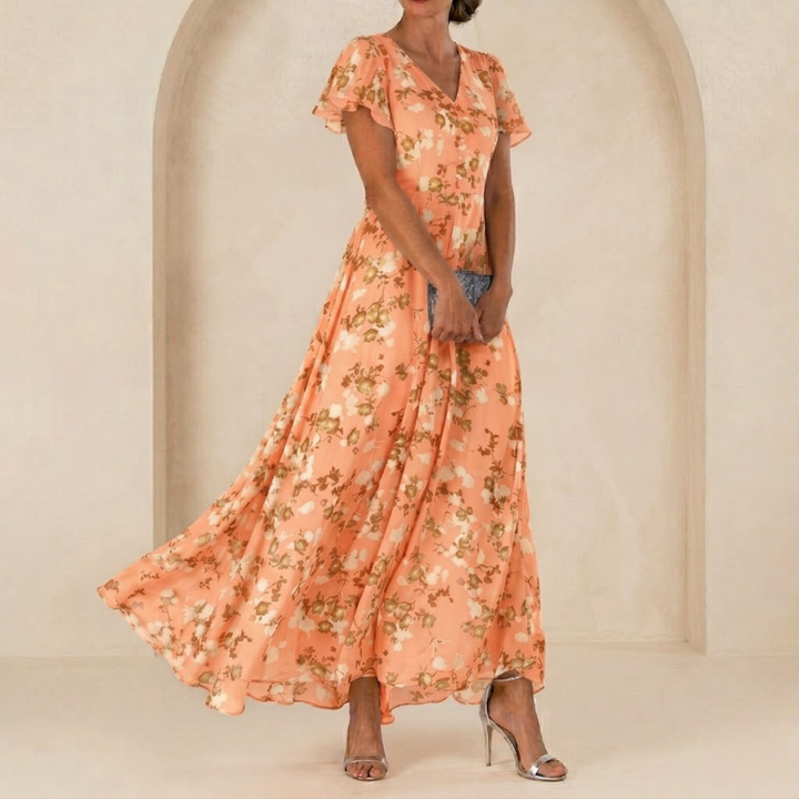 Léonie | Robe Maxi Fluide à Col Portefeuille et Manches Voilées