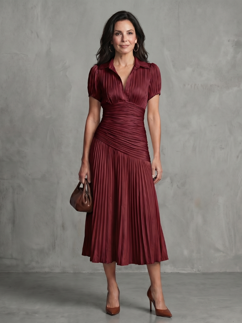Theodora | Robe Midi à Rayures Taille Plissée