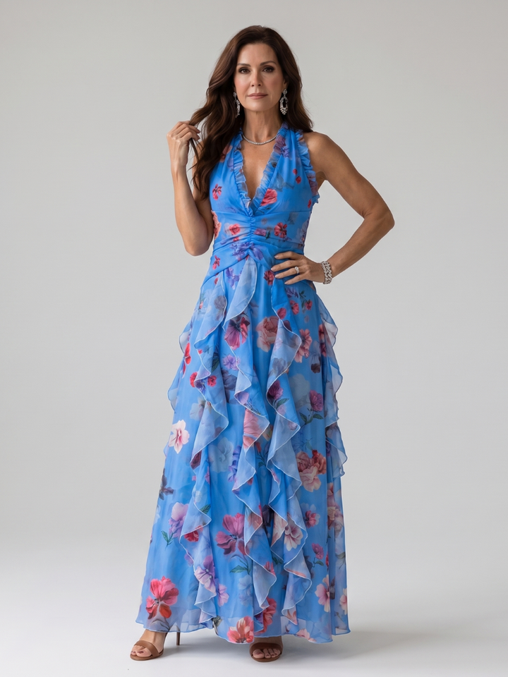 Nori™ Robe longue fleurie à encolure dos-nu et bustier froncé