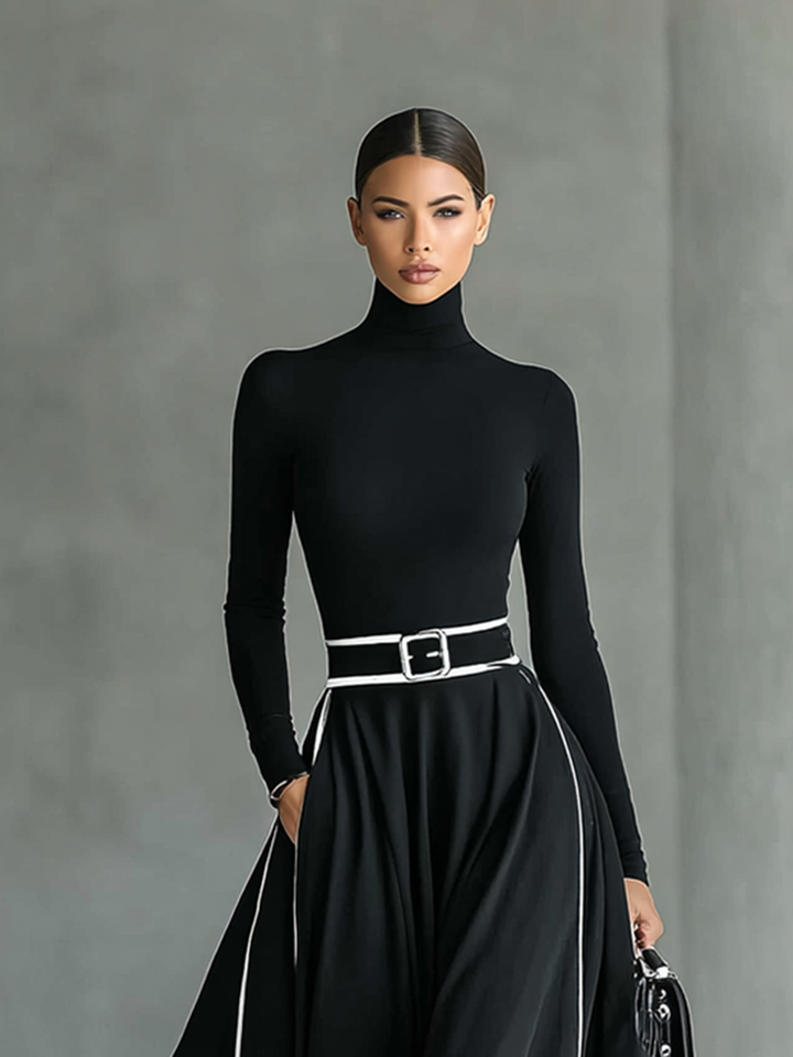 Colette | Robe Maxi Femme Noire à Coutures Blanches et Col Monté, Manches Longues, Taille Cintrée