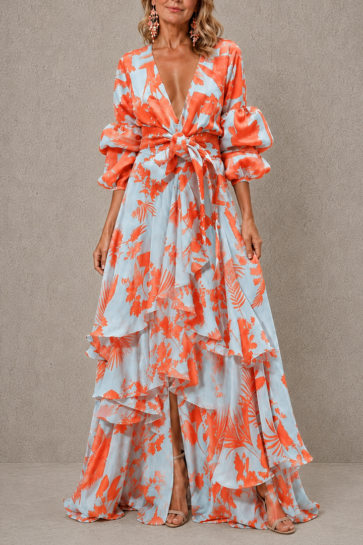 Victoria | Robe élégante à volants avec ceinture à nœud chic