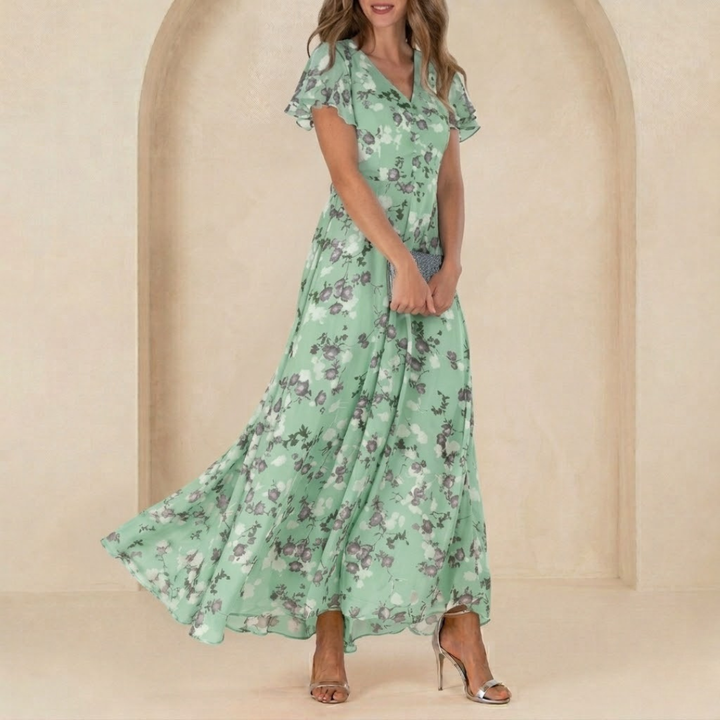 Léonie | Robe Maxi Fluide à Col Portefeuille et Manches Voilées