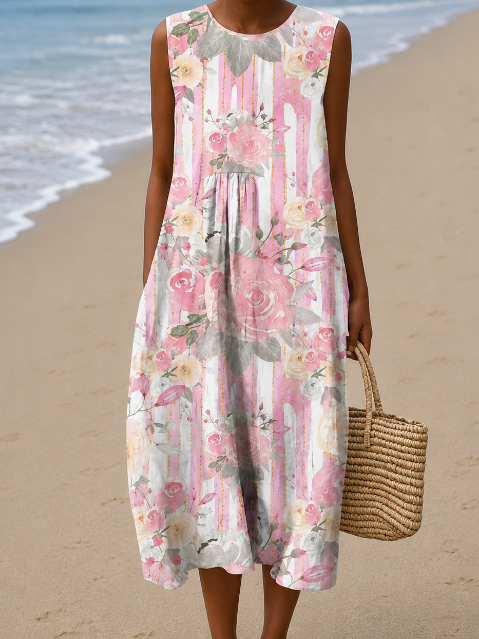 Aria - Robe midi de plage sans manches imprimée et ample pour femme