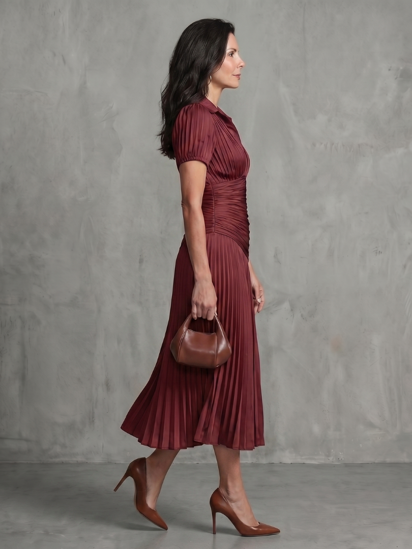 Theodora | Robe Midi à Rayures Taille Plissée