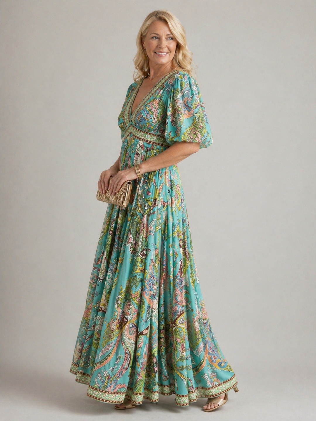 Blanche | Maxi Robe Aérienne Manches Bouffantes Col en V