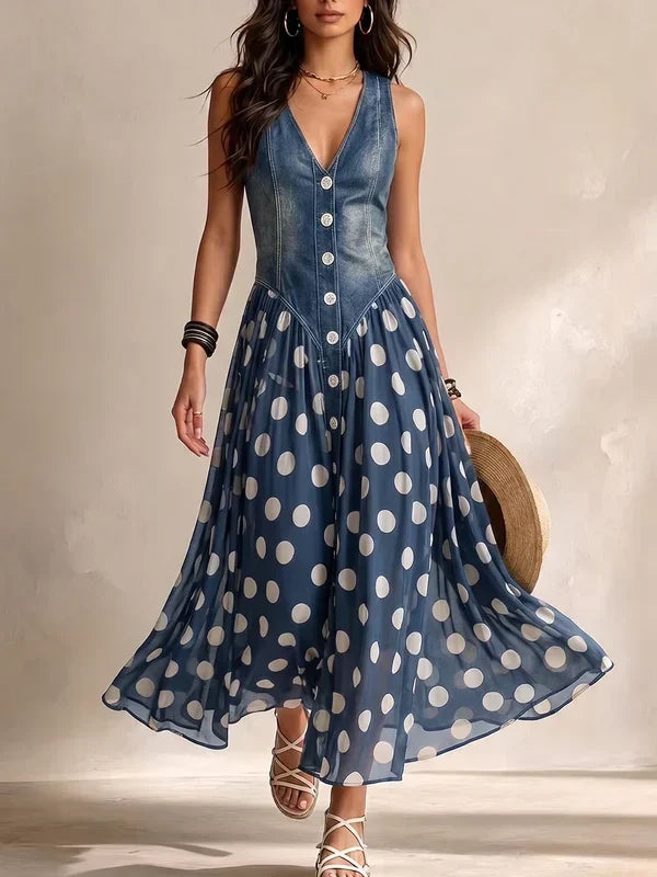 Solène | Robe en denim avec jupe en mousseline à pois