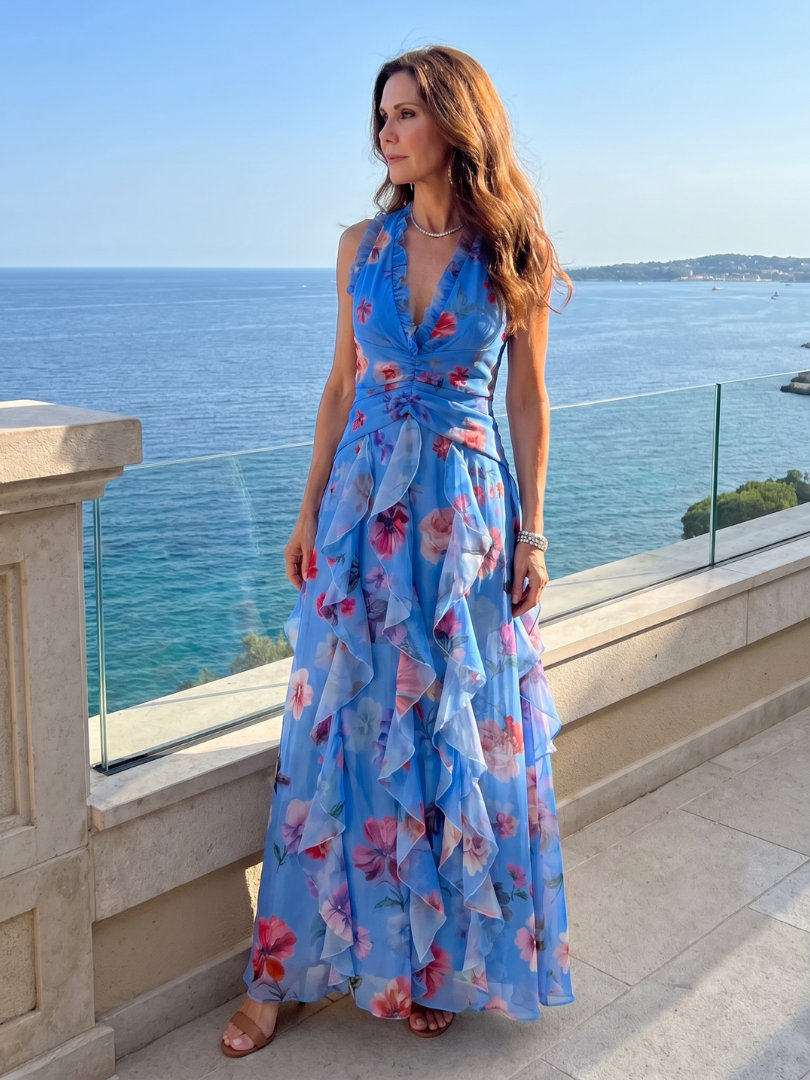 Nori™ Robe longue fleurie à encolure dos-nu et bustier froncé