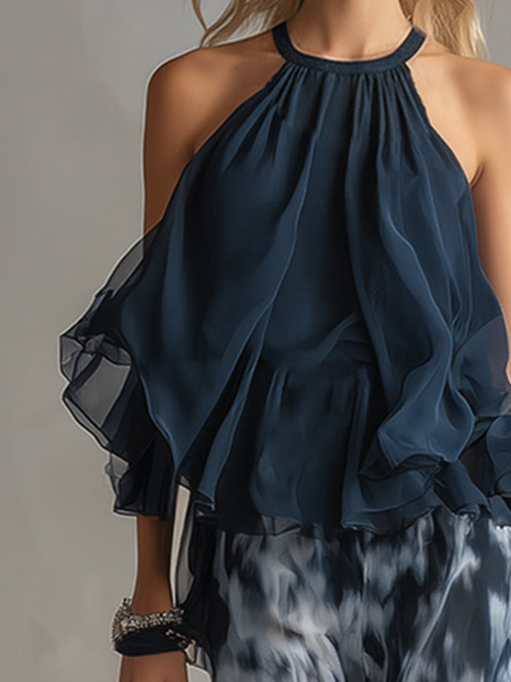 Ludovica | Ensemble élégant avec top dos-nu bleu marine et pantalon large imprimé