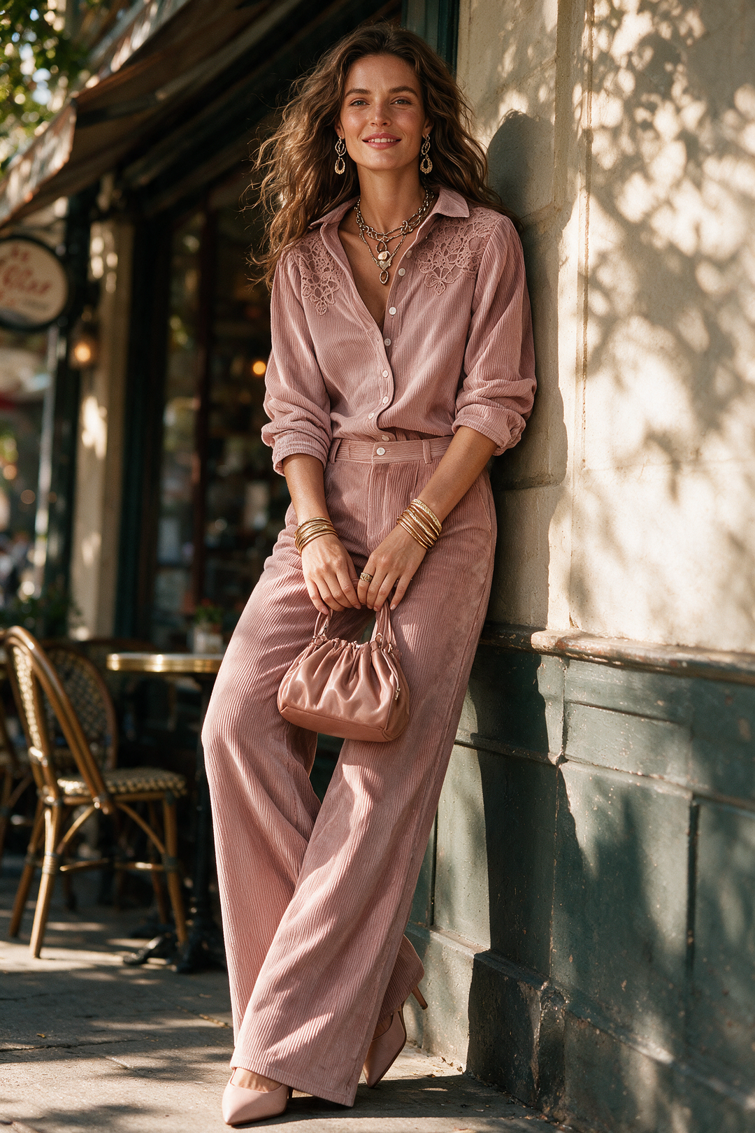 Ensemble bohème avec chemise en velours côtelé bordée de dentelle et pantalon à jambes larges